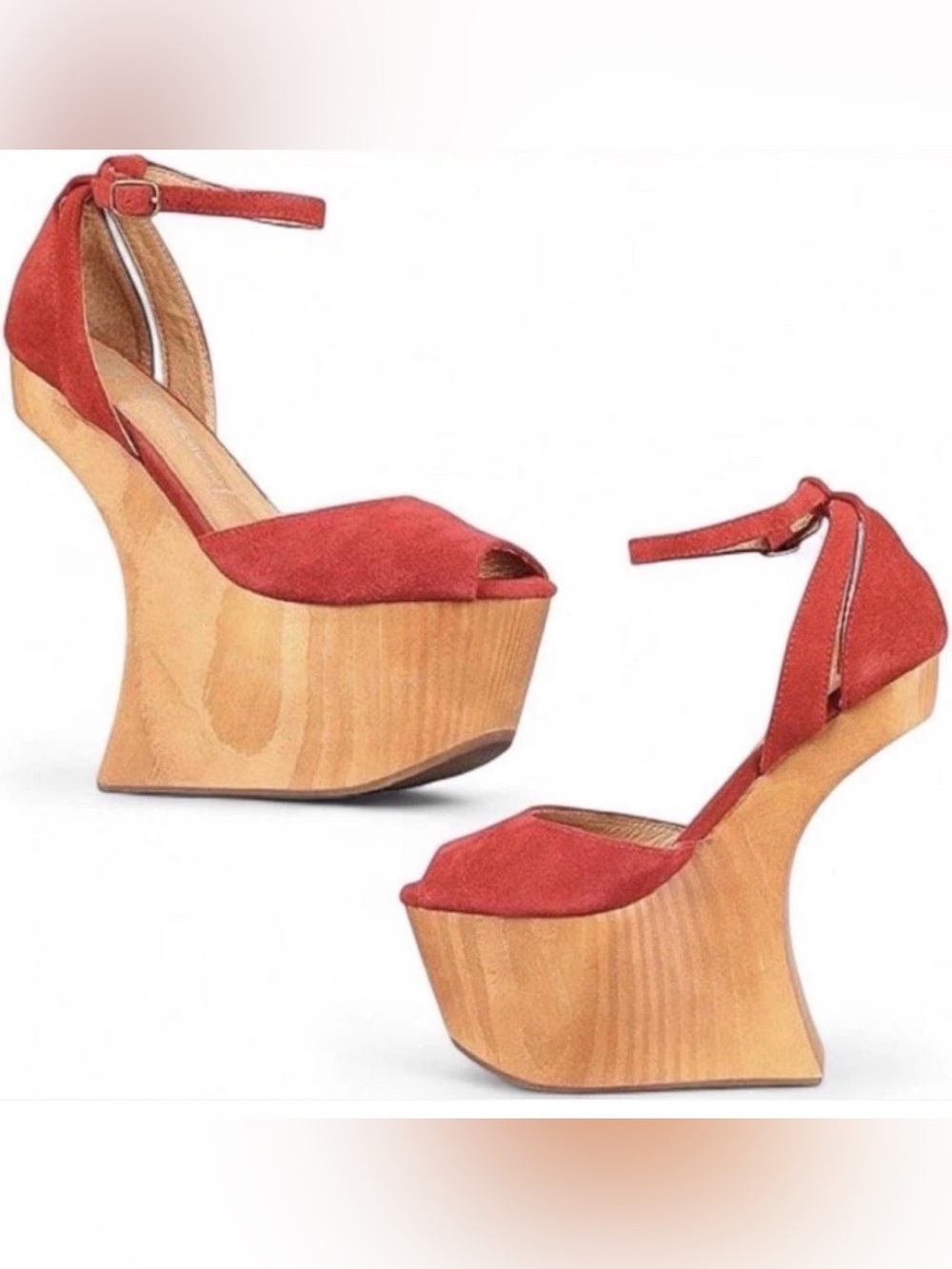 Jeffrey Campbell Str8up Red Suede Sculptural Wood Platform Wedges